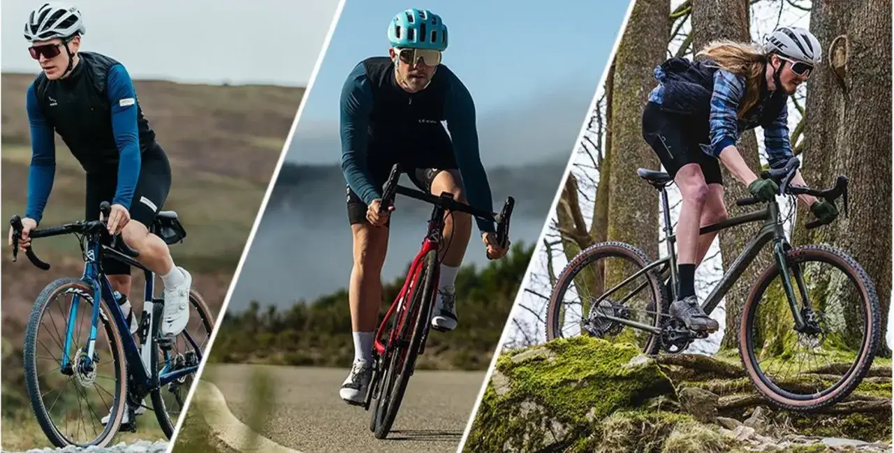 Drie fietsers op hun endurance racefietsen, klaar voor elk terrein.