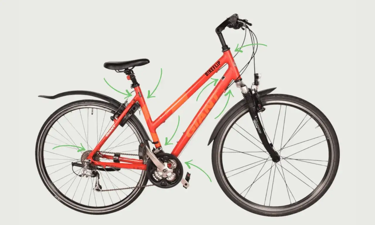Rode Giant fiets met groene pijlen die delen markeren. Handig voor je gestolen fiets register.