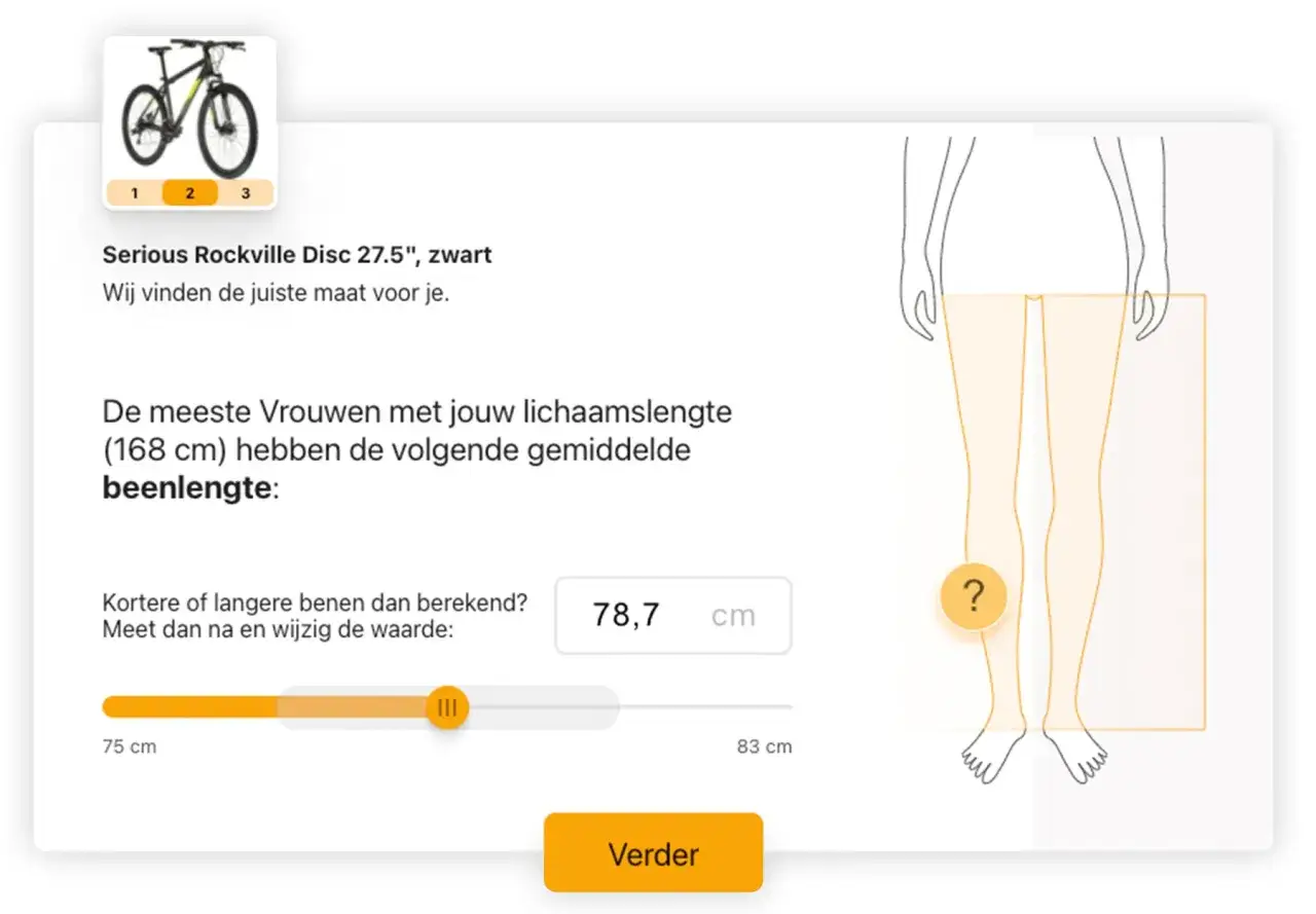 Fietsmaat advies voor een vrouw van 168 cm met een gemiddelde beenlengte van 78,7 cm. De framemaat fiets 180 cm is hierbij een richtlijn.