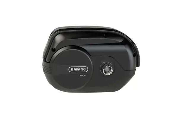 Black Bafang M420 electric bike mid-drive motor with visible branding.