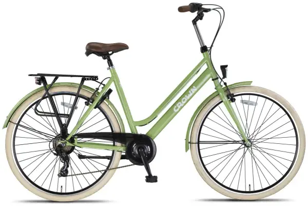 Lichtgroene damesfiets met bruin zadel en bruine handvatten. Deze damesfiets goedkoop is ideaal voor dagelijks gebruik en heeft een bagagedrager.