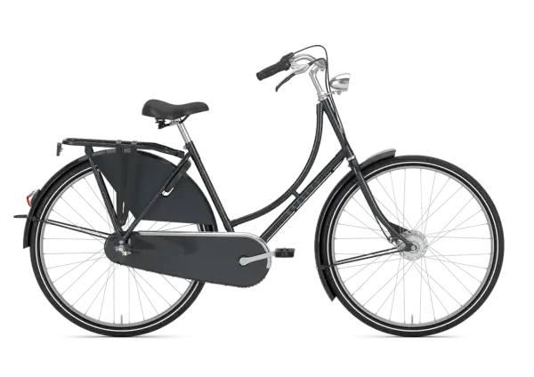 Een donkergrijze Gazelle retro fiets met bagagedrager en een gesloten kettingkast.