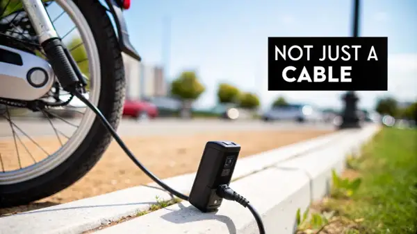 De oplader van de elektrische fiets is kapot. De fiets staat op straat, de oplader ligt op de stoep.