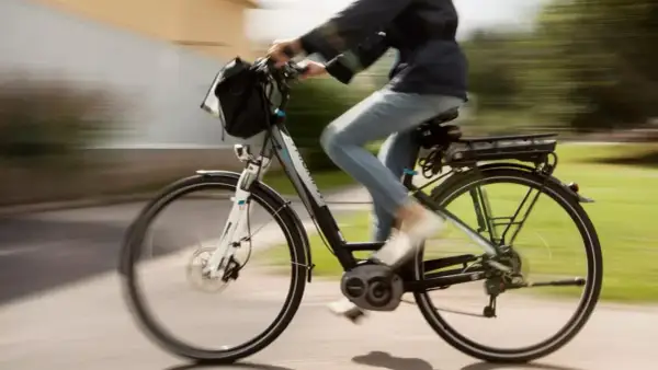 Een persoon op een elektrische fiets, die met gemak 30 km/u bereikt, fietst langs een groen park.