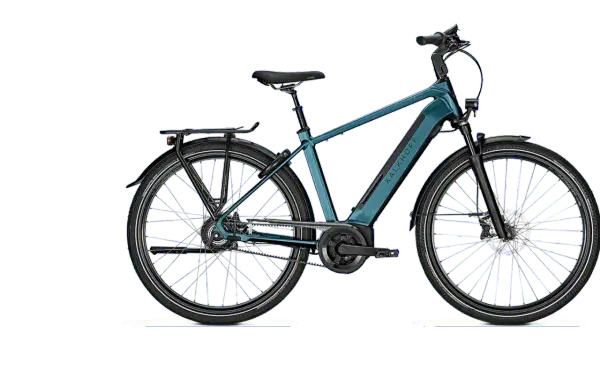 Blauwe Kalkhoff e-bike, ideaal om een tourfiets te kopen voor comfortabele ritten.
