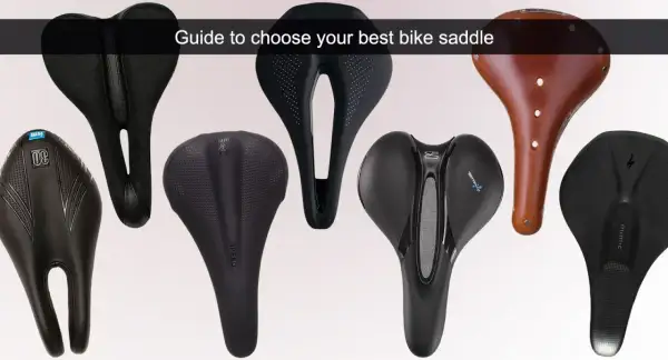 Verschillende fietszadels, waaronder een bruin leren exemplaar en diverse zwarte sportieve modellen. Een wielren zadel kiezen kan lastig zijn.