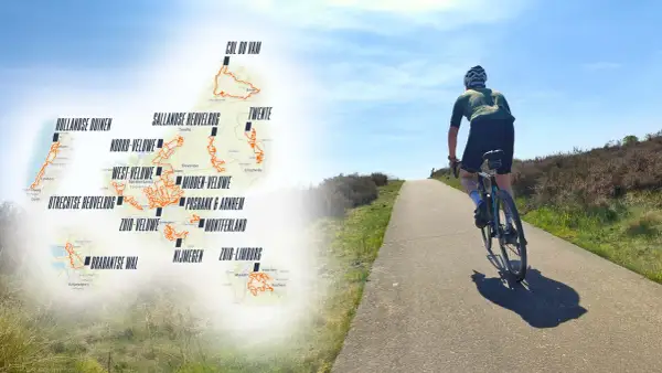 Fietser op een pad met op de achtergrond een kaart van Nederland met diverse racefiets routes, zoals de Utrechtse Heuvelrug en Zuid-Limburg.