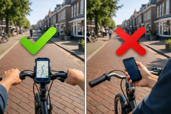Fietsen met navigatie op de fiets is prima, maar een boete busbaan krijg je als je je telefoon in je hand houdt.
