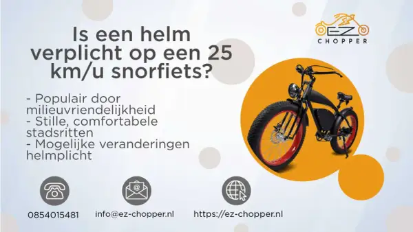 Een zwarte EZ Chopper e-bike met rode velgen. De tekst vraagt: "Is een helm verplicht op een 25 km/u snorfiets?".