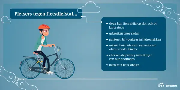 Een fietser met helm en bril rijdt op een fiets. Tips om fietsendiefstal te voorkomen: fiets altijd op slot, gebruik twee sloten, parkeer in fietsenrekken, maak de fiets vast aan een object, check privacy-instellingen en laat de fiets labelen.